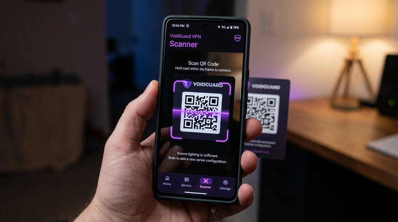 смартфон Android с экраном сканирования QR и аккуратным VPN-клиентом в тёмной теме.