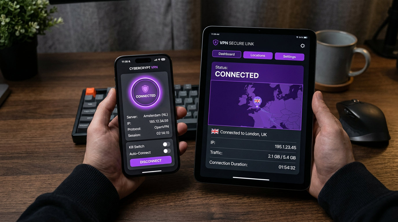 iPhone и iPad с одним стилем интерфейса VPN-клиента, без сторонних логотипов сервисов.