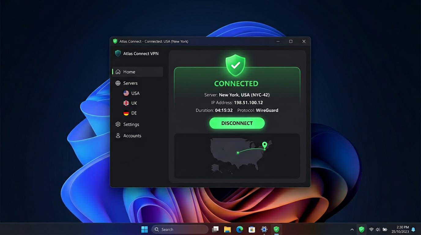 рабочий стол Windows 11 с клиентом VPN в окне и системным треем «подключено».