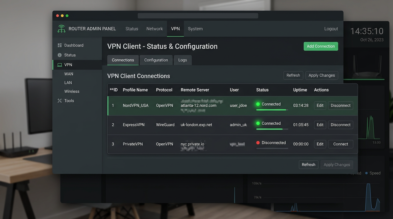 Статус VPN-подключения на роутере: активный туннель (иллюстрация).