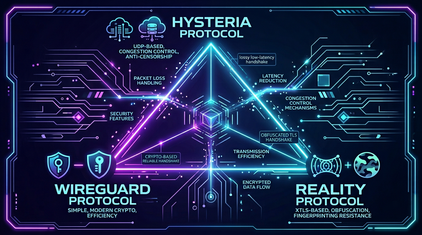 диаграмма Reality, Hysteria 2 и WireGuard — стиль RushVPN, нейтральная палитра.