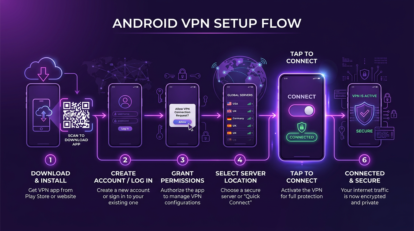 диаграмма настройка RushVPN на Android — стиль RushVPN, нейтральная палитра.