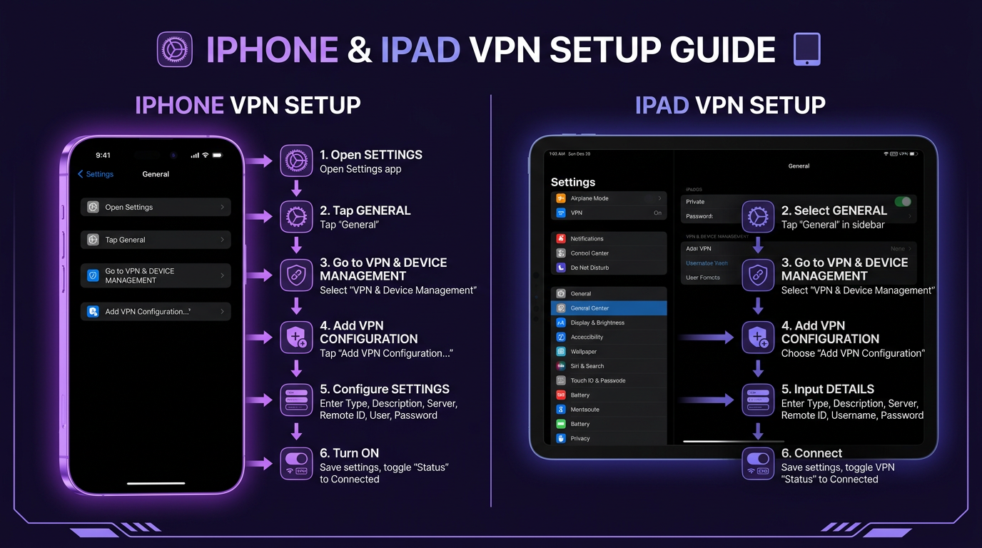 диаграмма RushVPN на iPhone и iPad — стиль RushVPN, нейтральная палитра.