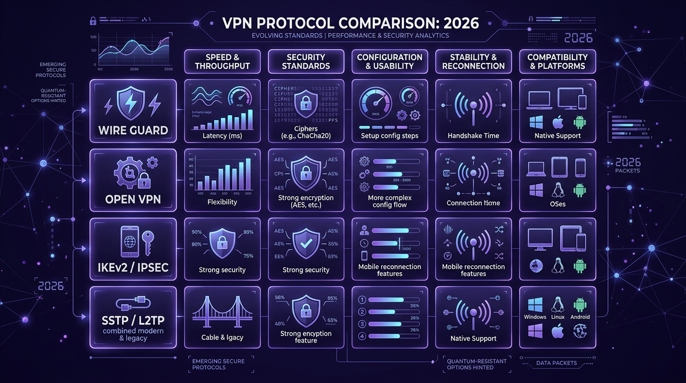 диаграмма протоколы VPN 2026 — стиль RushVPN, нейтральная палитра.